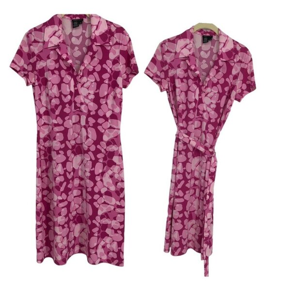 BCBGMaxAzria Pink Abstract Camo Shortsleeve 1/4 Button Midi Dress w/ belt M - Picture 16 of 16